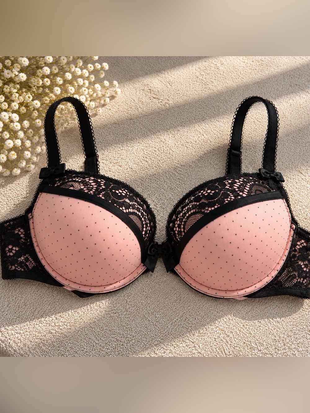 Women's Pink and Black Lace Push-Up Bra
